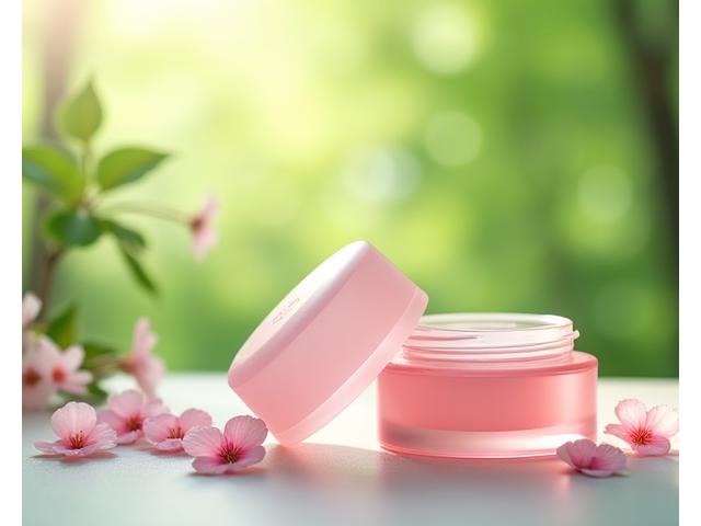 透明な再生プラスチック製の化粧品容器と、再生紙で作られたパッケージが、柔らかい自然光の中で桜の花びらと共に並べられている様子。奥には緑豊かな森林がぼんやりと映り込んでいる。