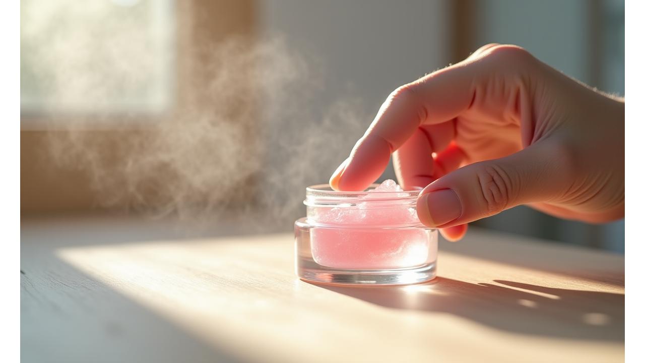 日本の熟練職人が手作業で化粧品を製造している様子の動画の背景。透明なガラス容器に入った化粧品に、やわらかな光が当たり、その繊細なテクスチャーが際立つクローズアップ画像