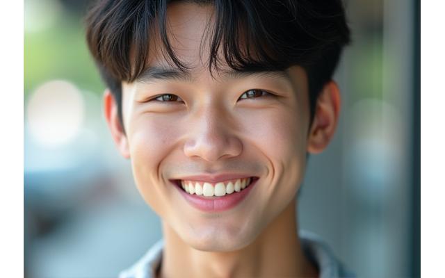 活気ある20代男性の清潔で自信に満ちた顔のクローズアップ。肌はマットでニキビがない。