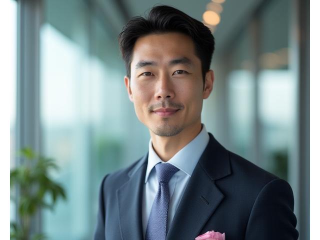 清潔感のあるビジネスマンが、自信に満ちた表情で商談に臨んでいる様子。プロフェッショナルな印象。