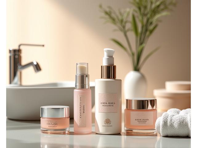 高級スパやホテルのバスルームに並ぶ、カスタムデザインされた化粧品ボトル。ブランドロゴと日本の伝統的な模様が繊細に描かれている。